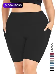 【Plus Size】 Pocket High Waist Short Leggings, Casual High Stretch Seamless Skinny Shorts, Summer Clothes Women
