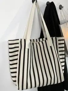 Black and White Striped Canvas Tote Bag, Minimalist Shoulder Bag with Magnetic Snap, Large Capacity Casual Handbag for Work, School and Daily Use