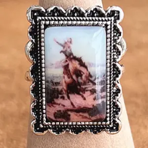 Vintage Desert Cowboy Ring 1" x 0.65" Cuff Style Adjustable with Detailed Horse Design