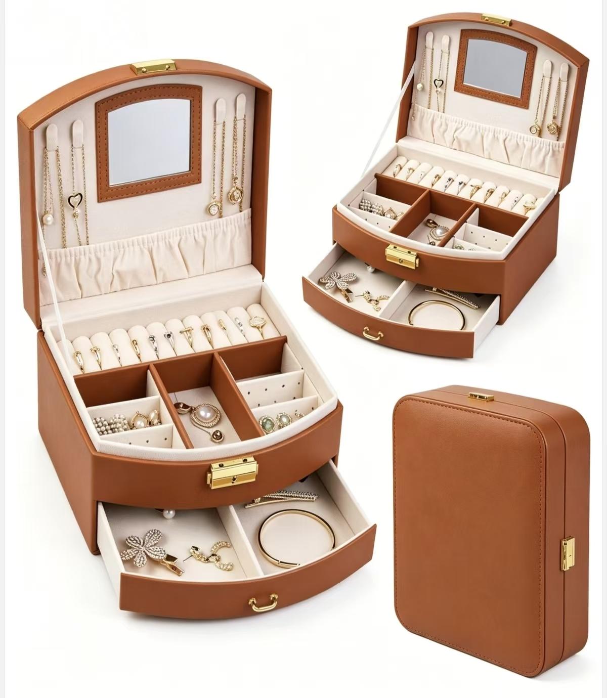 small room organization products.2-layer jewelry PU leather box, 1 set of large-capacity jewelry storage box with drawers, lockable jewelry box, portable mini travel case for jewelry display and storage, small portable case for storing rings, earrings