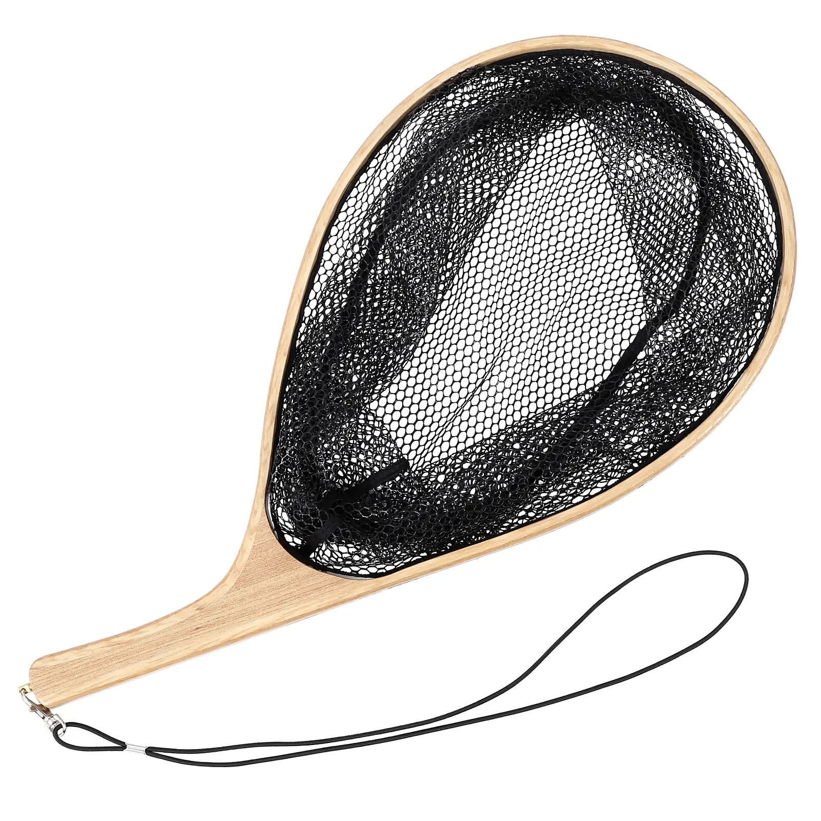 【Garvee】Lightweight Wooden Fly Fishing Landing Net – Rubber-Coated Deep Mesh, Ergonomic Curved Handle – Tangle-Resistant & Fish-Friendly, Portable with Lanyard & Carabiner