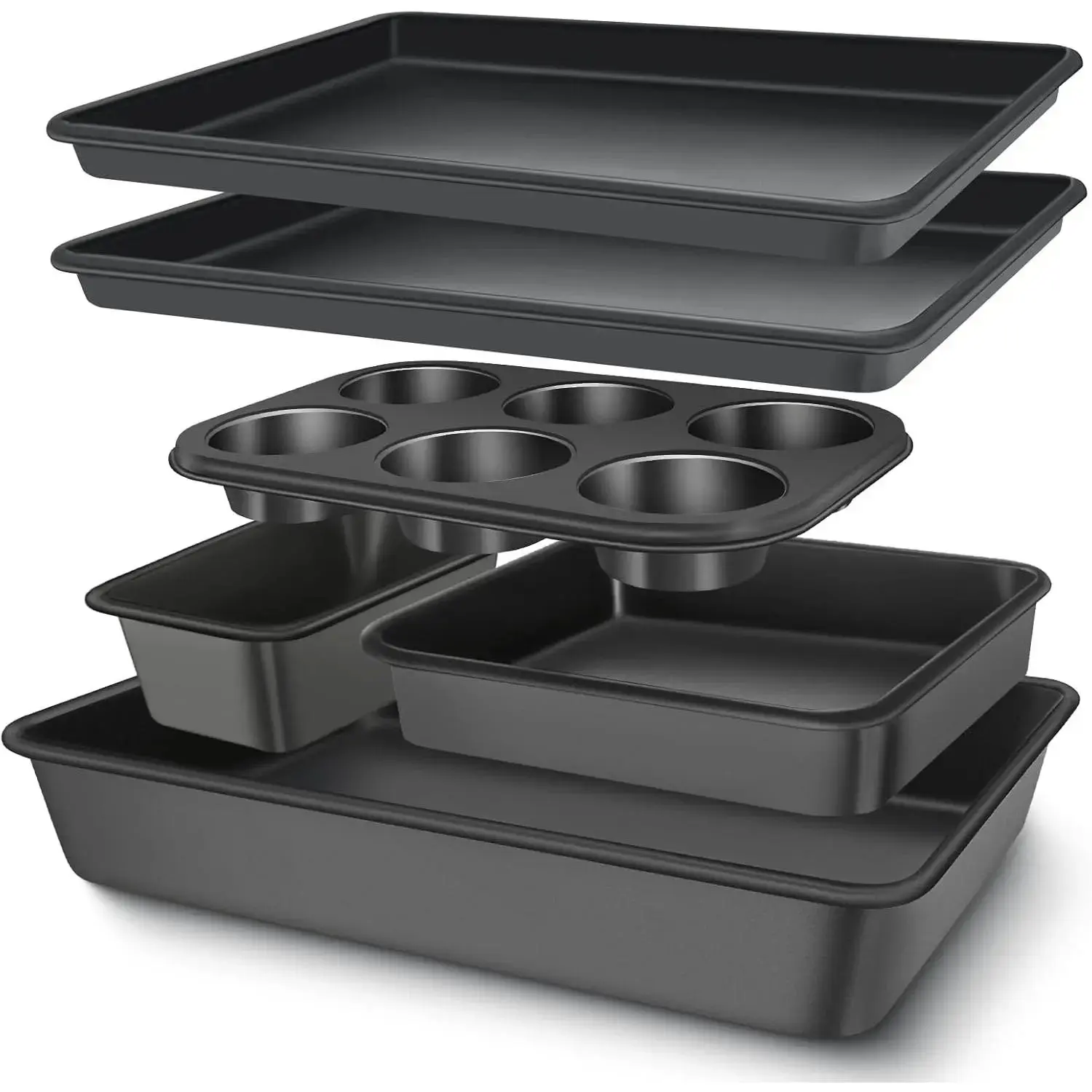 6-Piece Nonstick Carbon Steel Baking Kit for Kitchen - Birthday Baking Tray, Cookie Sheet, Deep Roaster, Square Pan, Loaf Pan, Muffin Cup, Stackable Oven Bakeware Set with Dish Compatibility