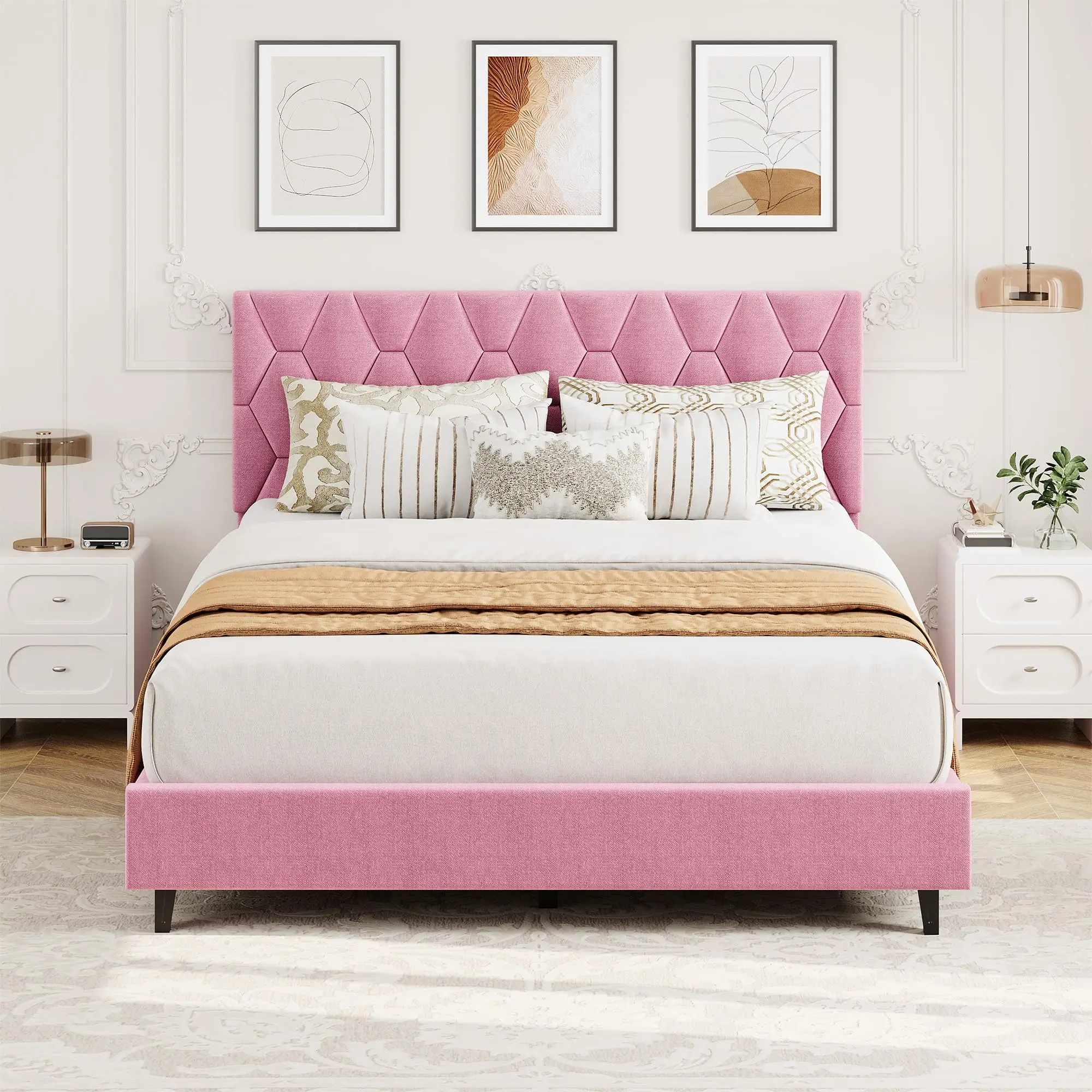 Stylish Pink Upholstered Bed – Adjustable Headboard – Heavy Duty Wood Slat Support – Noise-Free – No Box Spring Needed – Perfect for Modern Bedroom, Teen Room, or Guest Bedroom  King/Queen/TWIN/Full apartment furniture
