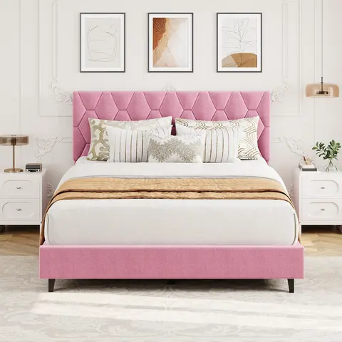 Stylish Pink Upholstered Bed – Adjustable Headboard – Heavy Duty Wood Slat Support – Noise-Free – No Box Spring Needed – Perfect for Modern Bedroom, Teen Room, or Guest Bedroom  King/Queen/TWIN/Full apartment furniture