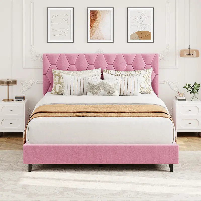 Stylish Pink Upholstered Bed – Adjustable Headboard – Heavy Duty Wood Slat Support – Noise-Free – No Box Spring Needed – Perfect for Modern Bedroom, Teen Room, or Guest Bedroom King/Queen/TWIN/Full apartment furniture