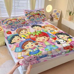 Strawberry Sweetheart Fitted Sheet Set and 2 Pillowcases No Core, Bright Colors, Watercolor Style Characters Collection, Soft Anti-Slip Wrinkle-Resistant, Fairy-Tale Girls Room, Kids Room Decor, Gift Idea