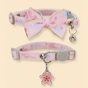 2 Embroidered Butterfly Floral Cat Collars, Adjustable Safety Collar with Bow Bell, Pet Daily Use, Small Dogs & Cats, Anti-Choking Buckle