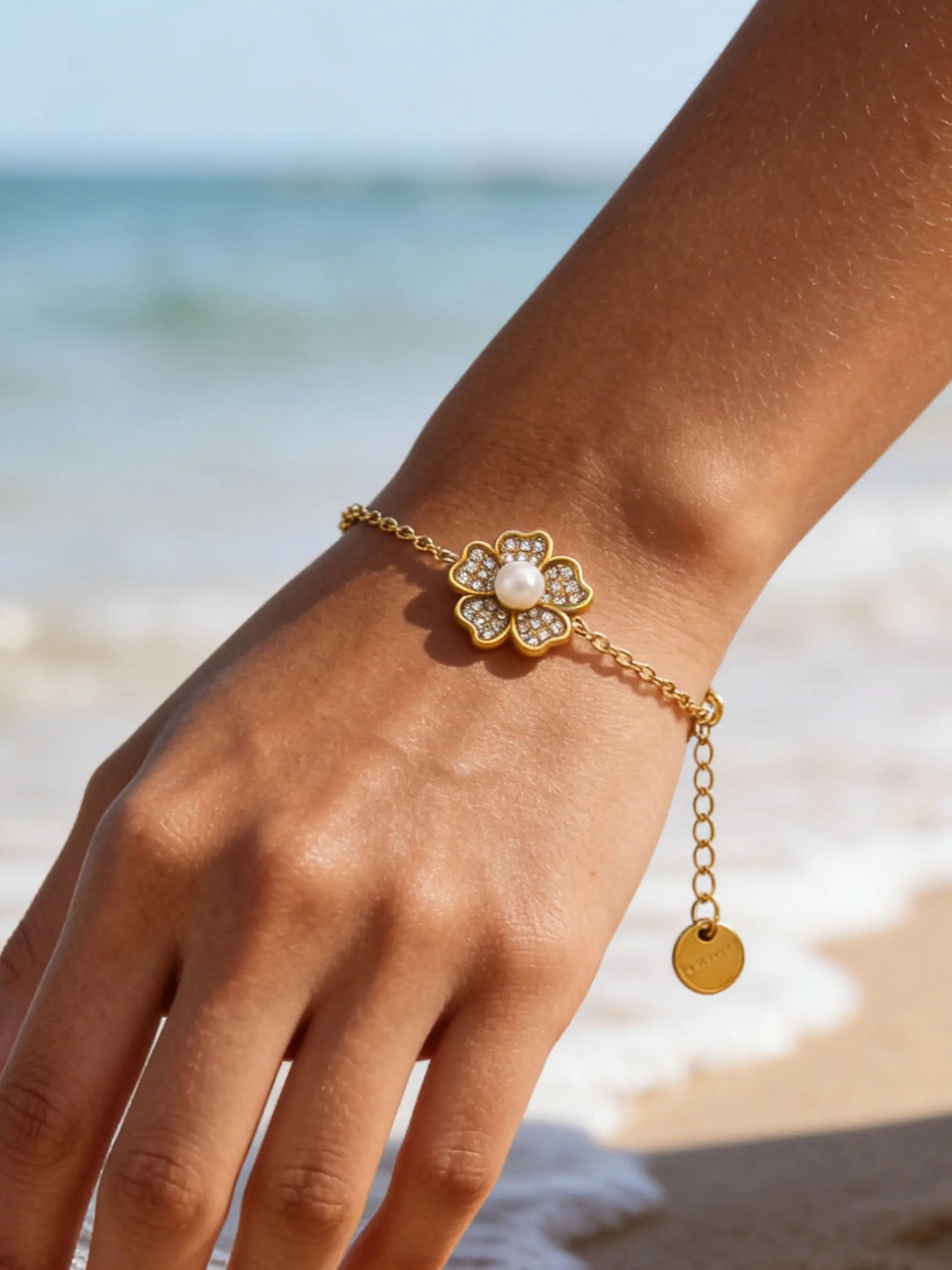 Pearl Four-Leaf Clover Bracelet for Women, Elegant Zirconia Chain, Waterproof Beach Boho Summer Vacation Accessory Gift