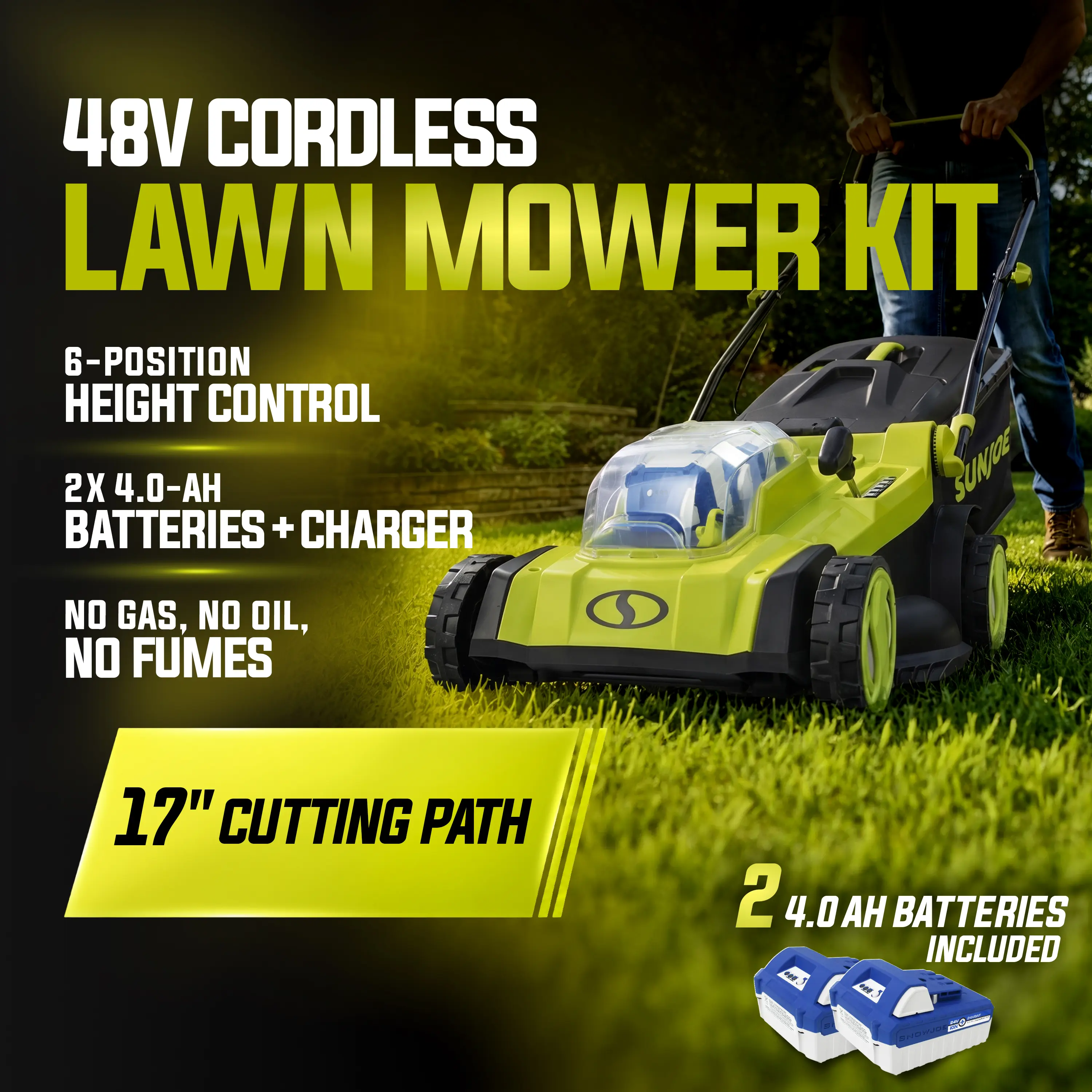 Sun Joe 48V IONMAX Cordless Lawn Mower Kit - 17-Inch, 6-Position Height Adjustment, 2 x 4.0 Ah Batteries, Charger & Collection Bag