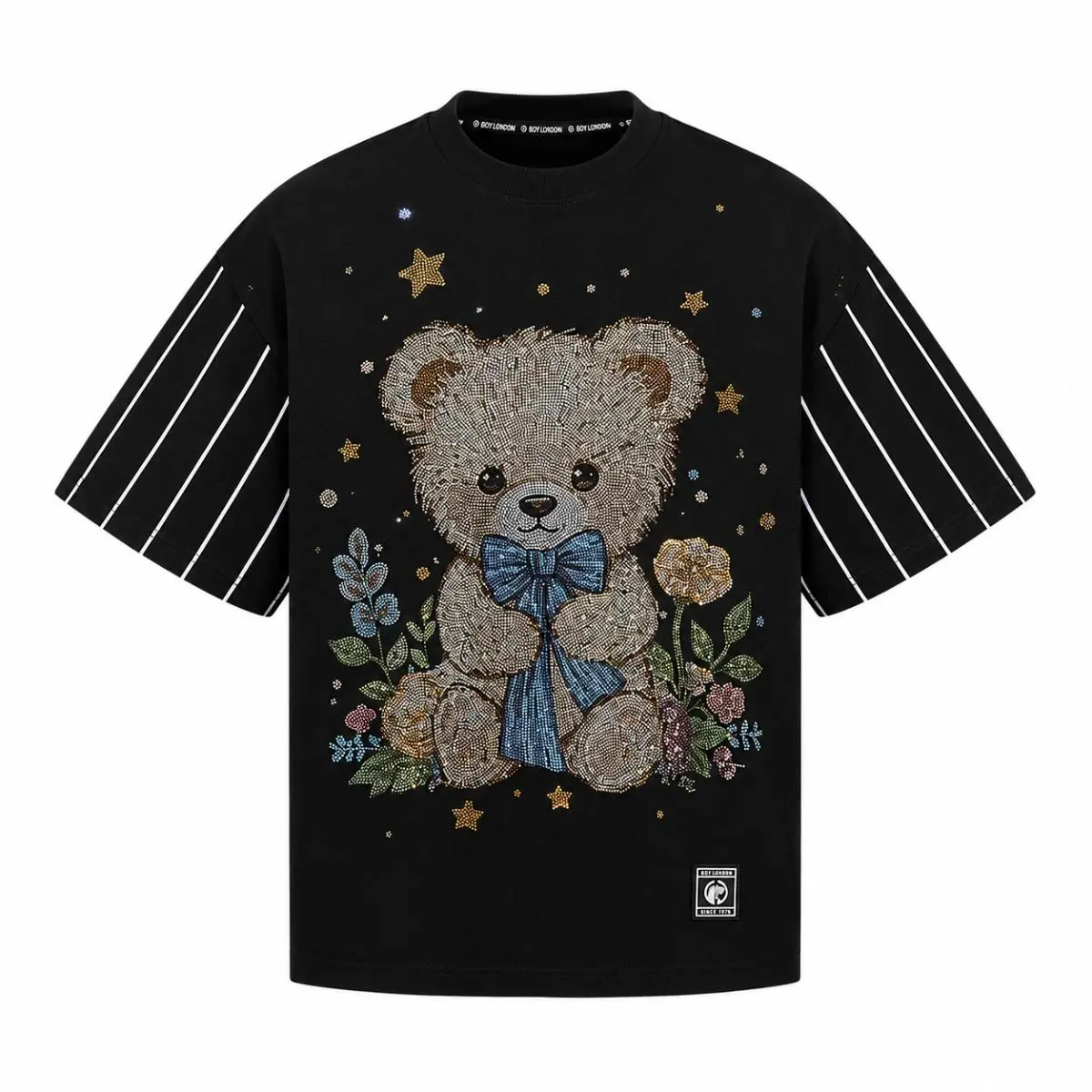 TCH - B Y2K Rhinestone Teddy Bear Graphic T-Shirt | Oversized Striped Sleeve Harajuku Tee Vintage Aesthetic Loose Top for Women Streetwear