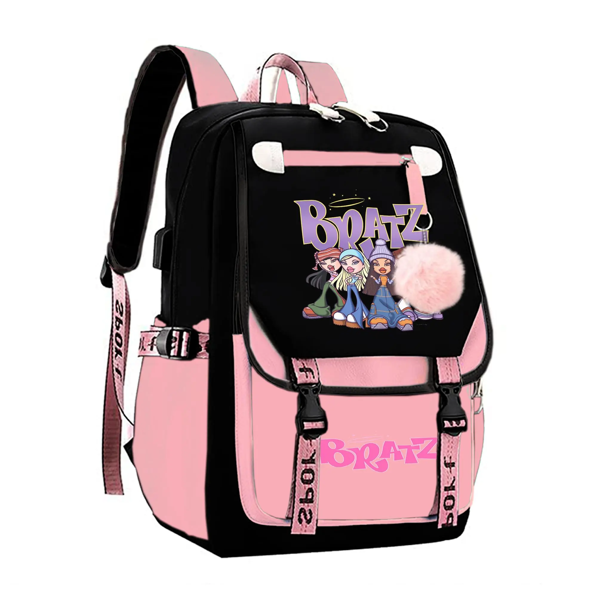Bratz Rock Angelz Graphic Backpack for Girls, Y2K Pink and Black School Bookbag with Keychain, Waterproof Travel Laptop Bag for Teens College d-2