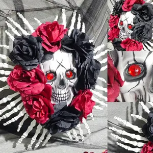 Halloween Skull Wreath Gothic Garland Creepy Decor for Home Front Door and Window Handmade Wall Window Ambiance Decor