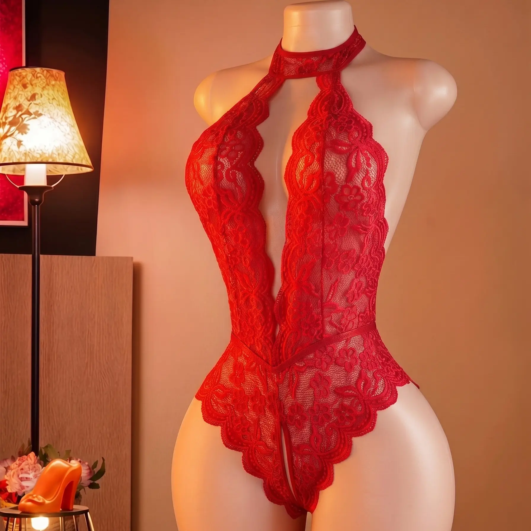 Sexy Black Lace Halter Bodysuit – Deep V-Neck Lingerie Teddy for Women, Romantic Nightwear & Honeymoon Gift