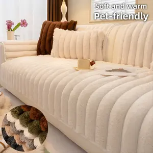 Solid Color Plush Sofa Cushion Cover, Sofa Slipcover, 1 Count Pet-friendly non-slip couch protector, soft & warm thick fleece, machine washable, anti-scratch cat/dog friendly throw, universal fit 1/2/3/4-seater & L-shape sectional