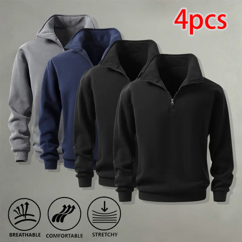 Men's 4Pcs Loose-Fit Polyester Quarter-Zip (Half-Zip) Long-Sleeve Casual Menswear Pullover - Breathable Plain Sweatshirts with Zipper for Spring, Autumn Daily Matching