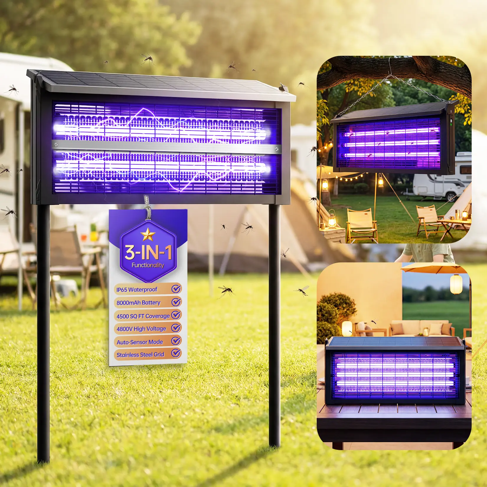 2026 Upgraded Solar Bug Zapper Outdoor & Indoor, 4800V High Voltage Mosquito Fly Trap with 8000mAh Battery, 4500 Sq.Ft Coverage, 3-in-1 Waterproof Electric Insect Zapper with 10FT Extension Cord, Anti-Mosquito Electronic Mosquito Killers, Bite Prevention