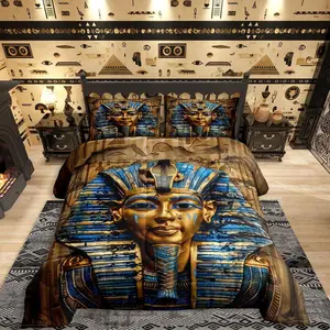 Gold Pharaoh Bedding Set,3D Pharaoh Print Comforter Set for Teens Adults Women Men,Ancient Egypt Tribal Exotic Style Down Comforter Vintage Pharaoh Pyramid Duvet Insert,Blue