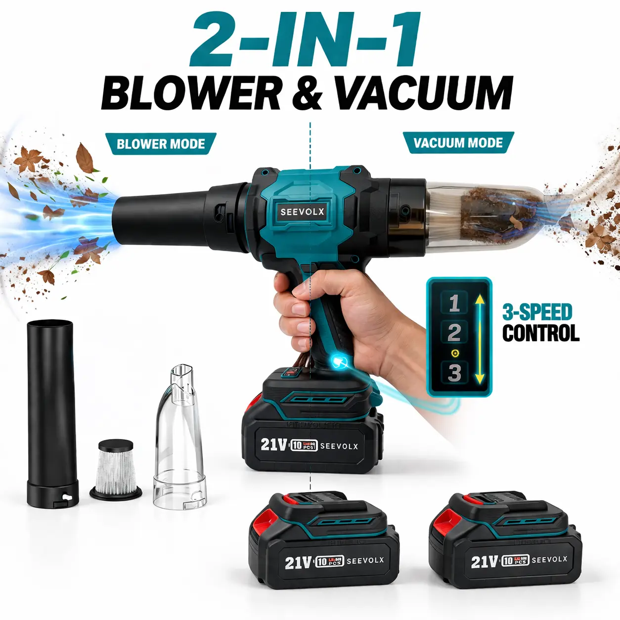 SEEVOLX 21V Max Multi-Functional Cordless Blower & Vacuum Kit, 2 Batteries, 3-Speed Adjustable Speed, 2 Nozzles, HEPA Filter, High Efficiency for Outdoors Indoors Cleaning