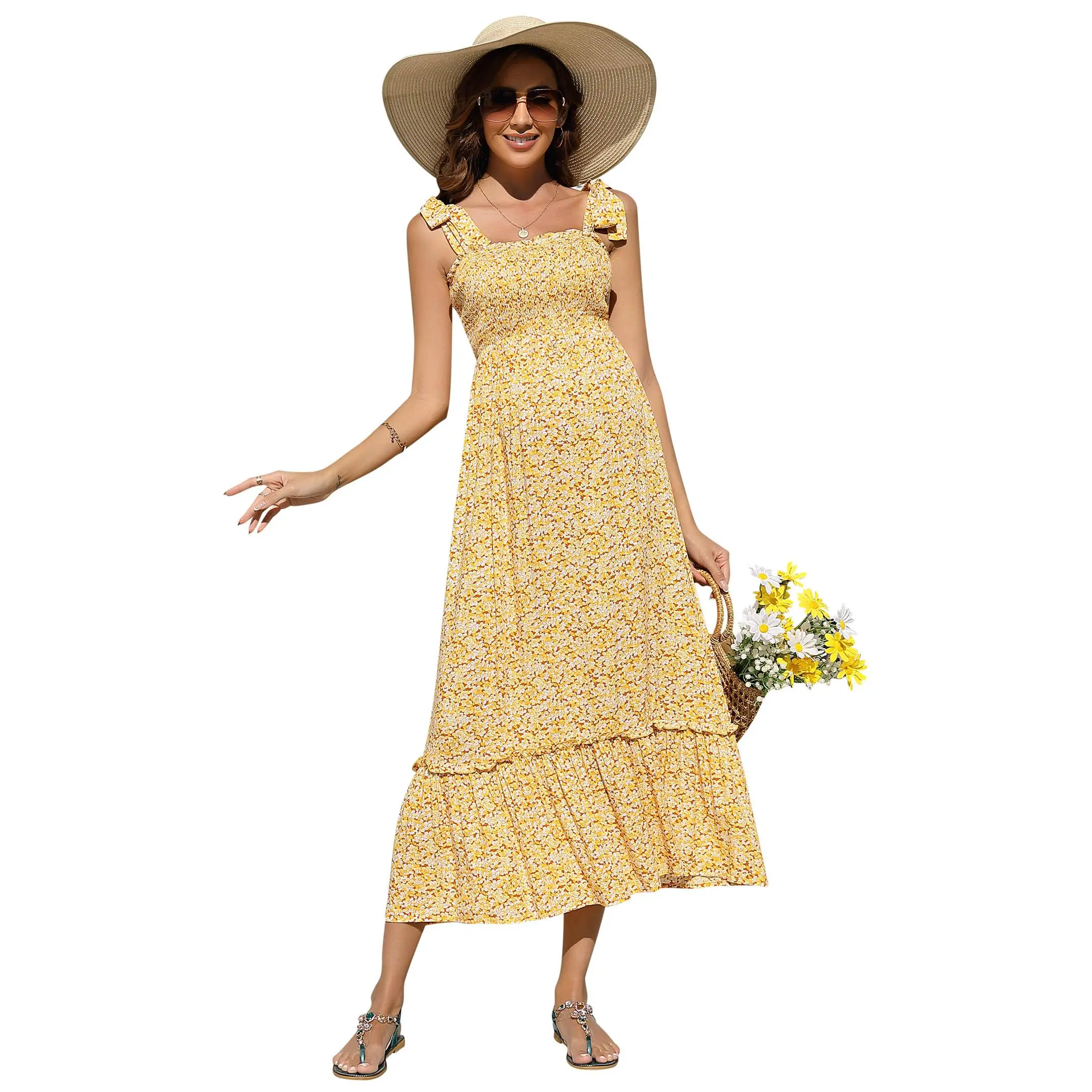 Clearance Limited Stock Smocked Sleeveless Maternity Dress, Non-Compressed, 100% Rayon, Elegant Summer Pregnant Mom Dress for Everyday & Baby Showers