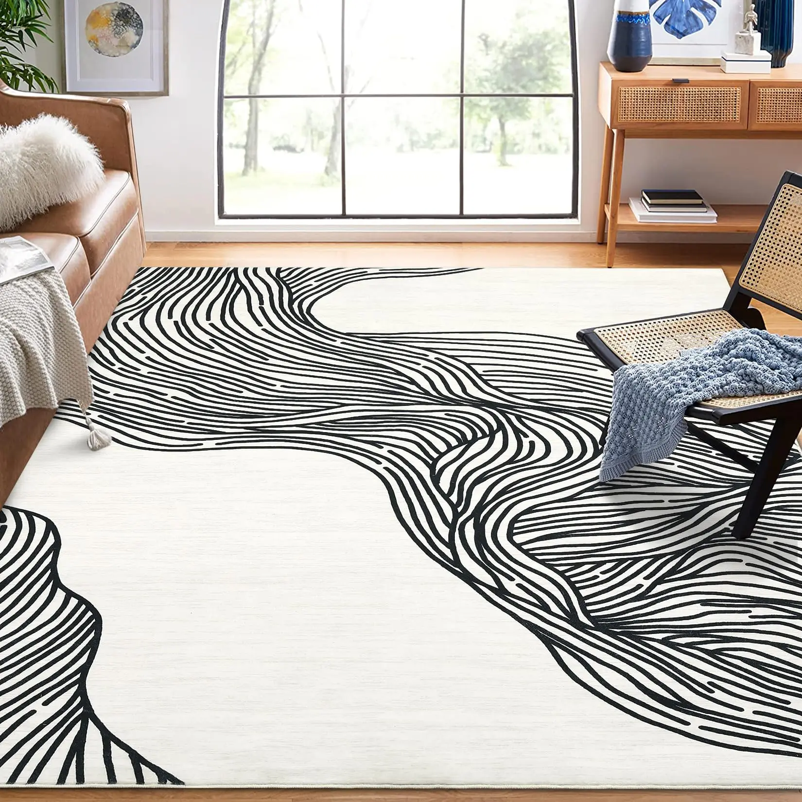 Washable Living Room Rug 8x10 Modern Abstract Rug Soft Neutral Foldable Non Slip Rugs, Low Pile Non Shedding Floor Covering, Indoor Contemporary Accent Carpet for Office, Beige/Black