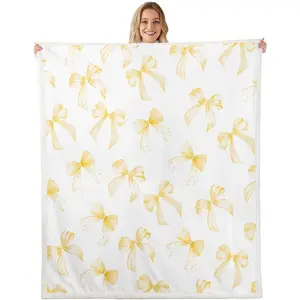 Yellow Bow Sherpa Blanket for Bed Sofa Couch Kids Boys Girls Baby Cute Dreamy Princess Style Fleece Throw Blanket Ultra Soft Bow Pattern Plush Blanket Yellow Bowknot Fuzzy Blanket Bow