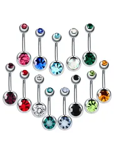 10pcs Stainless Steel Navel Piercings with Round Rhinestones, Belly Button Rings Ombligo Ball Nombril Jewelry, Sexy Body Gems for Women