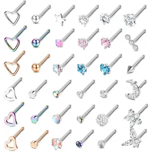 20G Nose Stud Ring 316L Stainless Steel Nose Piercing CZ Diamond Heart L Shaped/Screw Silver Nose Studs for Women 36PCS Nostril Piercing Jewellery Nose Studs