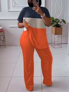 New Plus-Size Women's Color-Blocked Set, Polyester, Summer Set—Comfortable Fabric