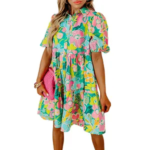 Mntaor Womens Boho Green Floral Puff Sleeve Collar Buttoned Babydoll Dress Loose Fit Mini Sundress Casual Style - Comfort