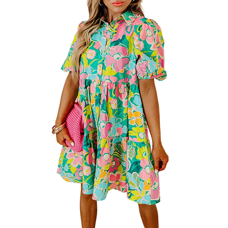 Mntaor Womens Boho Green Floral Puff Sleeve Collar Buttoned Babydoll Dress Loose Fit Mini Sundress Casual Style - Comfort Bohemian Summer Outfit A Line Dress