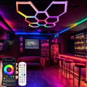 8-Grid RGB Hexagon LED Lights with Remote, Music Sync Mode, 358+ Colors & Adjustable Brightness, Commercial & Home Improvement Lighting for Gaming Room, Gym, Adjustable Brightness Lights