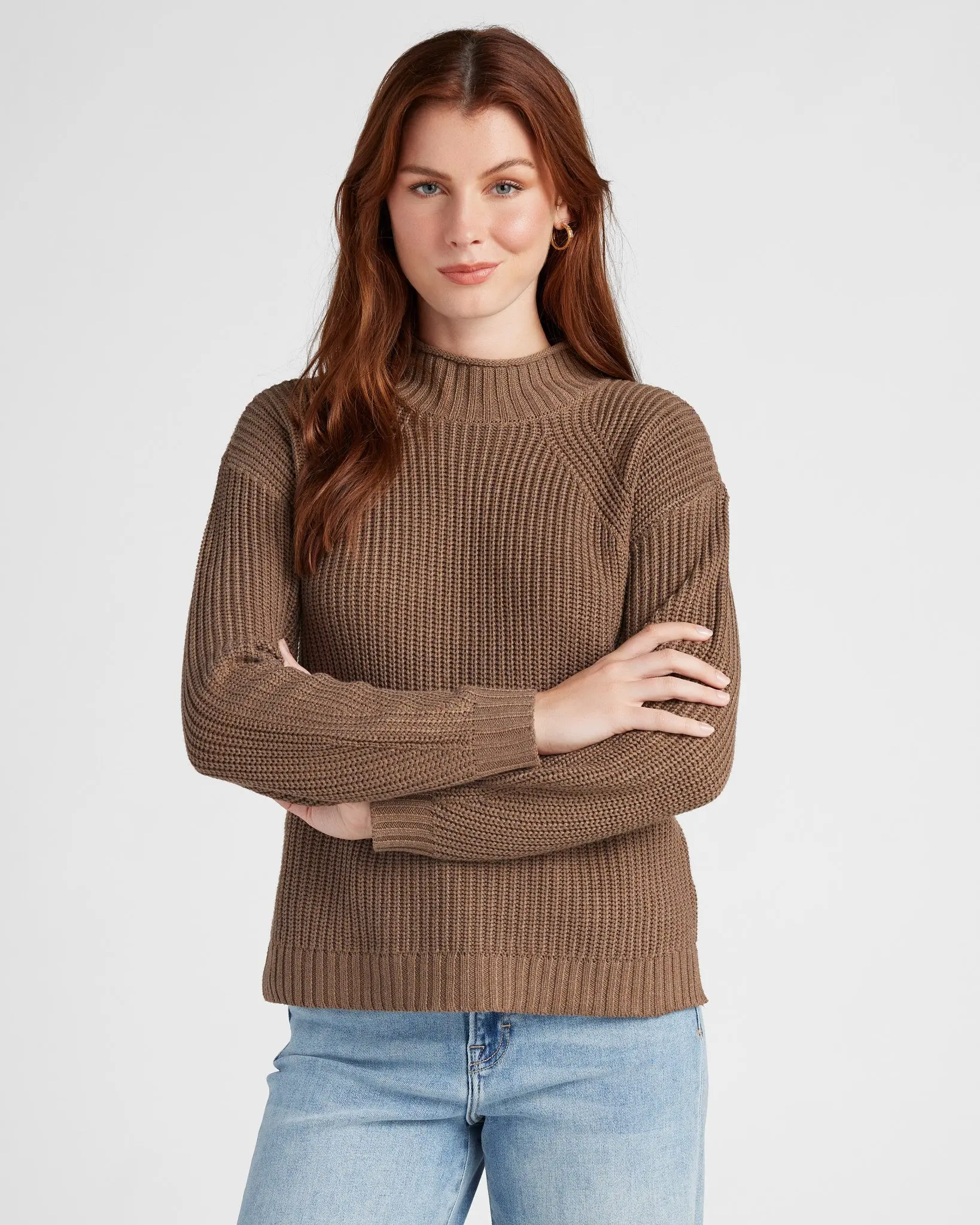 Women's Stretchy Rib Knit Sweater - Casual Coastal Funnel Neck Long-Sleeve Raglan Sleeve Relaxed Fit Pullover Top