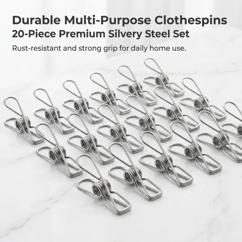 20-Pack Stainless Steel Clothespins, Heavy-Duty Rustproof Metal Clips with Tight Grip, Multi-Purpose Clothespins for Hanging Laundry, Photos, Socks, and Daily Household Organization