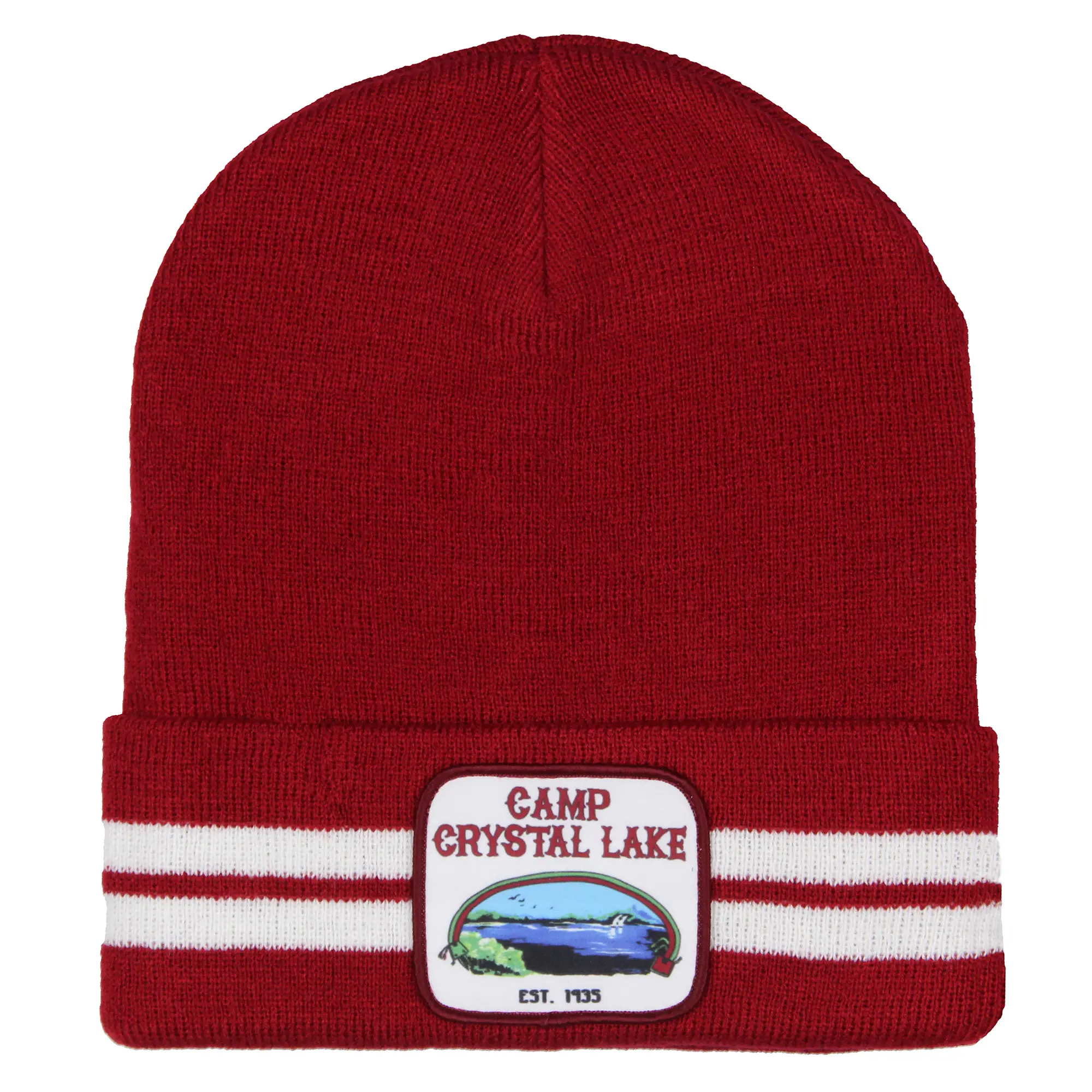Friday The 13th Camp Crystal Lake Sign Embroidered Patch Cuff Knit Fashion Beanie Hat, Knitted Beanie Hat, Novelty Cap for Horror Themed Gifts