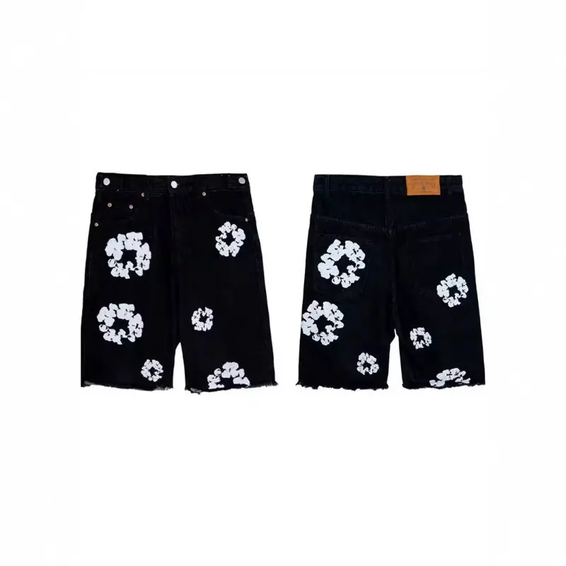 American High Street Trendy Brand Kapok Printed Jeans Men And Women Loose Casual Denim Shorts Trendy Five-point Pants