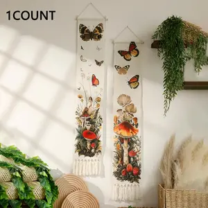 Butterfly Pattern Wall Hanging Tapestry, Bohemian Art Home Decor with Tassels, Long Linen Bohemian Style Tapestry for Living Room Bedroom