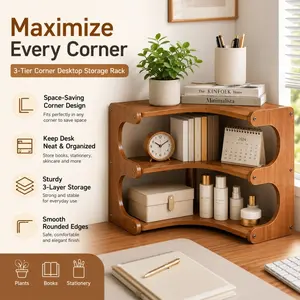 1 space-saving corner desktop shelf - dedicated to home offices, bedrooms, living rooms, with a curved design - sturdy natural wooden structure, easy-to-clean surface - suitable for plants, books (DM021) Bookshelf Storage