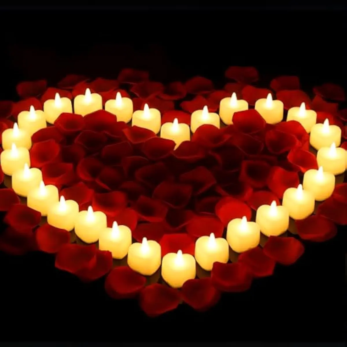 1000 Artificial Rose Petals & 24 Flameless Heart-Shaped LED Tealight Lights Set - Floral Decor, Bright Light Table Centerpiece for Proposal, Wedding (Yellow), Heart Shape