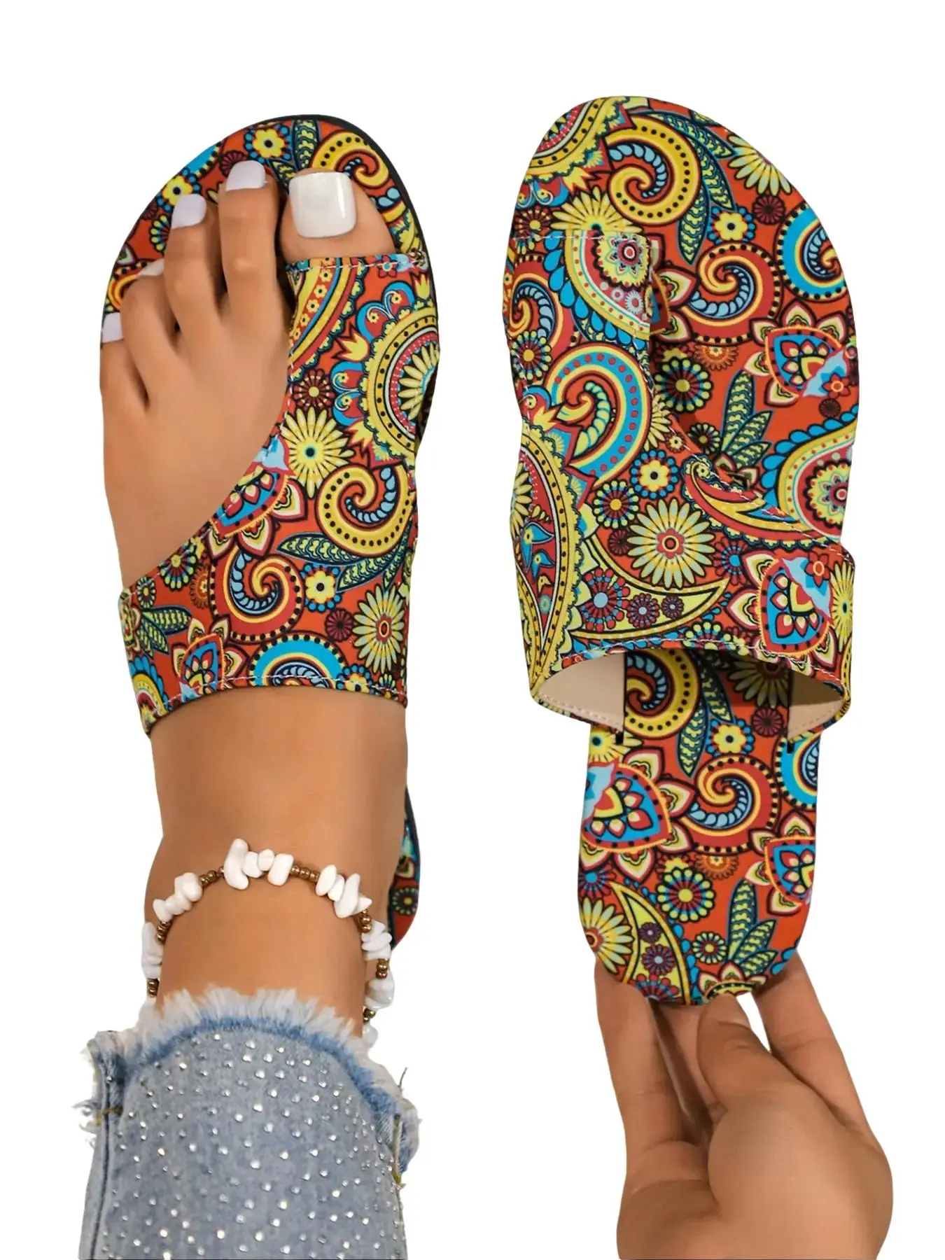 Women's Fashionable Boho Style Paisley Pattern Slides, Trending Sandals, Casual Comfortable Flat Sandals for Summer, Lightweight Breathable Shoes for