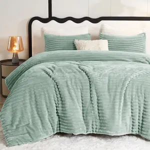 Fluffy  Comforter Set - Super Soft Faux  Sage Green Comforter  Size, Winter Warm Fleece Bedding Set, 3 count Plush Fuzzy Bed Set (1 Shaggy Comforter, 2 Pillowcases)