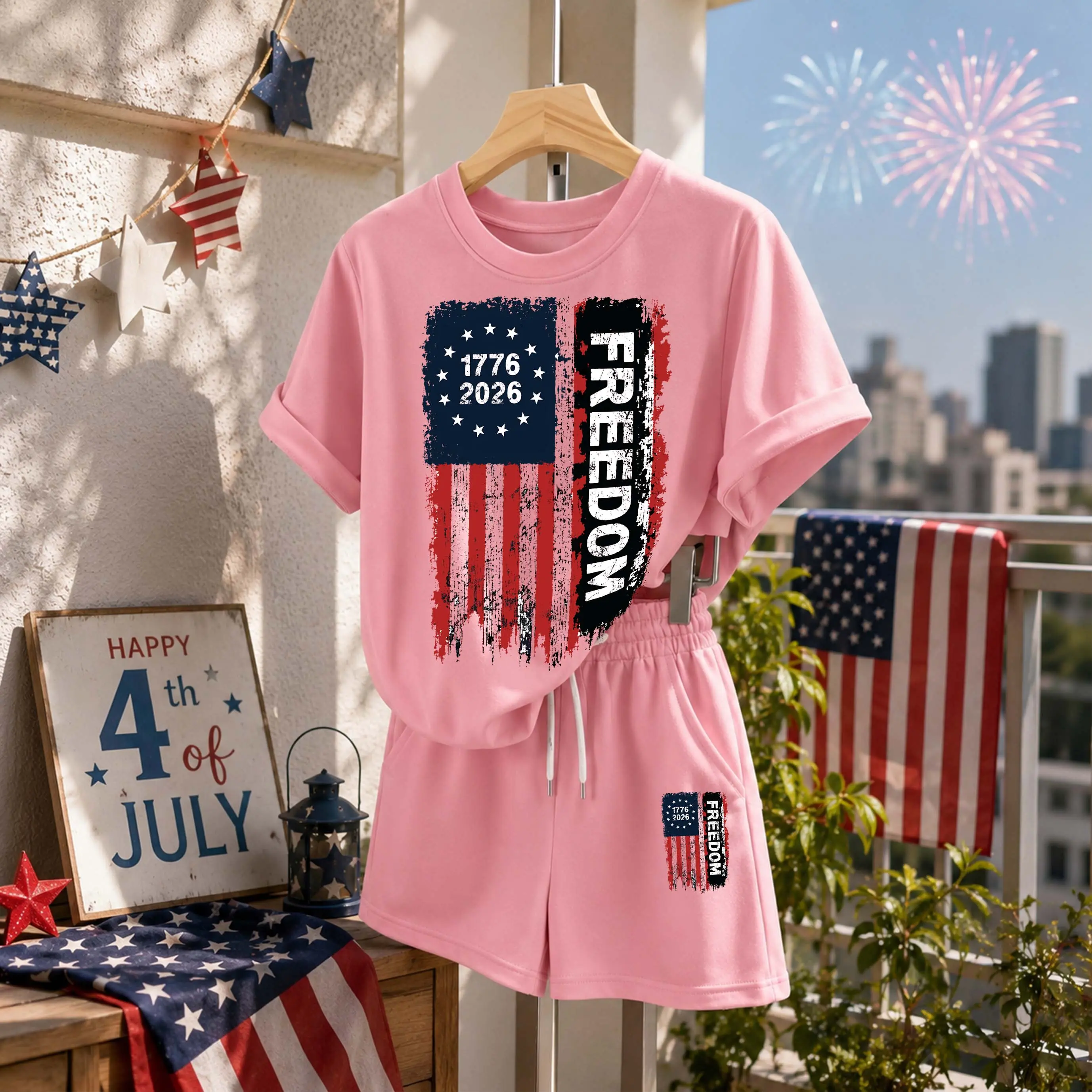 Women’s We the People1776 American Flag Graphic Print Short Sleeve T-Shirt and Shorts Set, Casual Summer 2-Piece Outfit, Comfortable Crew Neck Top and Elastic Waist Shorts for Daily Wear, Vacation, Travel, Beach, Resort and Lounge Wear