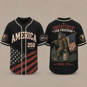 America 250 Bigfoot Baseball Jersey Patriotic USA Sasquatch Beer Shirt Funny Fourth of July Americana Sports Jersey Vintage Freedom Graphic Tee Independence Day Party Jersey for Men Women USA Festival Apparel