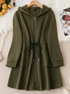 Elegant Plus Size Women's Long Sleeve Long Hooded Drawstring Fitted Knit Sweatshirt, Solid Color Casual Wear, Comfortable Fit, Perfect for Fall & Winter