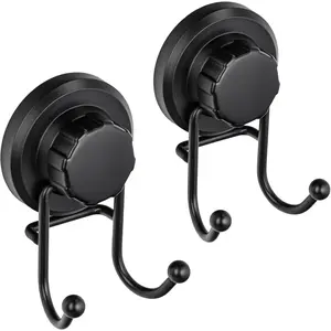 Suction Cup Hooks for Shower Wall, Removable Towel Hooks for bathrooms, Includes Optional No Drill Adhesive Mount for Inside Shower, Rustproof Stainless Steel - 2 Pack, Black