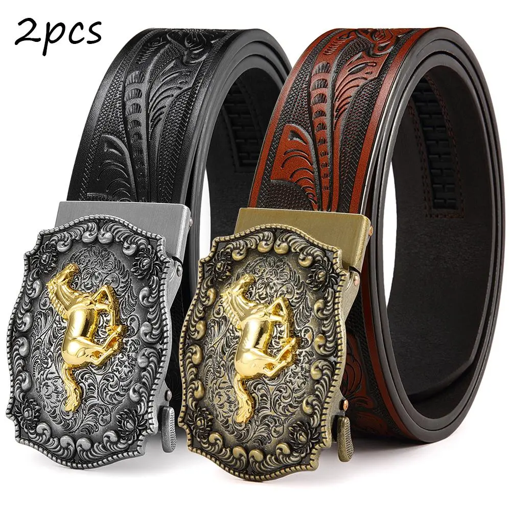 【2pcs】Automatic Ratchet Western Belt for Men | Cowboy Belts with Western Buckle | Perfect for Jeans, Business Wear | Ideal Christmas & Gift Choice brown option