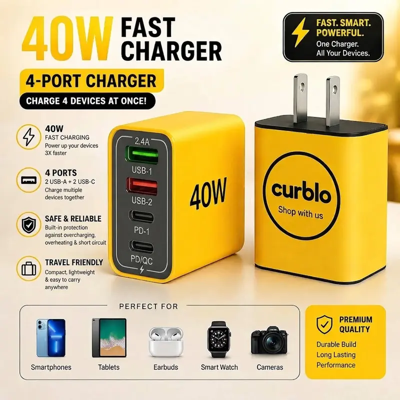 40W 4-Port USB-C Double PD Phone Charger - Fire Resistant High-Standard PC Portable US Plug Adapter with Protection, PD Outputs Scaled to Device Needs, Super Fast Charging for iPhones, Smartphones, Devices, Includes Installation Cable
