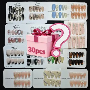 30pcs Mystery Box Handmade Press On Nails, Almond Nail Shape, Shimmery French Glitter Finish, Perfect for Weddings Parties Christmas Halloween, DIY Nail Art