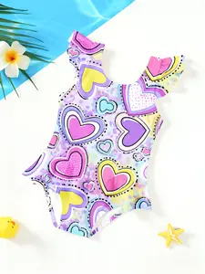 Heart Print Cute Pattern Girls' Jumpsuit, Cartoon Print Ruffle Quick-Dry Kids Swimwear, Fashion Swimsuit for Beach Party