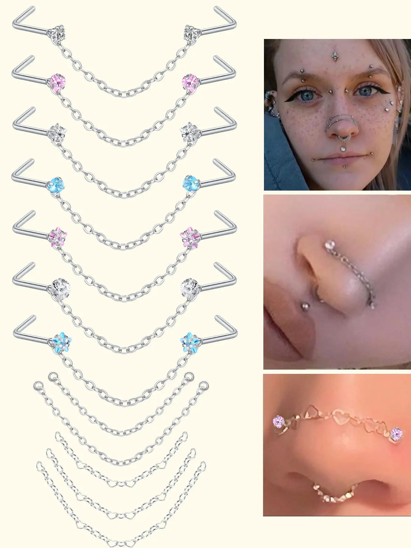 Women's Stainless Steel Cz Nose Stud Chain, Nose Rings, Pink&Blue Cz Piercing Jewelry Gift, Party Style All-Season Accessory, Piercings Jewelry, Cz Bling