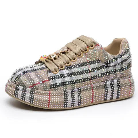 Women's Trendy Casual Sneakers | Classic Plaid Printed Rhinestone Studded Trainers, Great for Party & Daily Wear  >  > Rhinestone Studded Footwear Walking Shoes Walking Shoes Rubber Girl Closed Running Sports Shoes